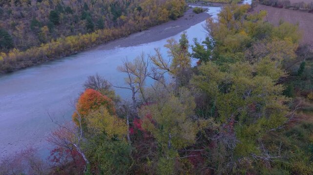 Aerial drone view of the autumn landscape on the Arag&oacute;n River near the Yesa Reservoir in Zaragoza. La Jacetania region. Aragon. Spain. Europe