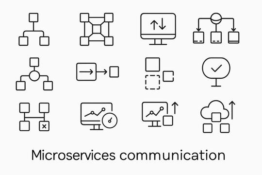 Microservices Icon Grid. Microservices communication. Line outline icon set of Microservices communication: