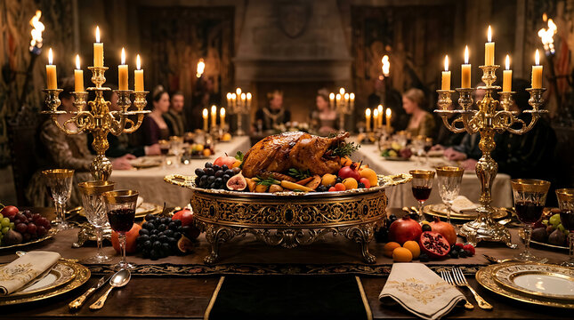 Roasted holiday turkey centerpiece on ornate silver platter at formal banquet feast with celebration candlelight restaurant hospitality gathering lighting