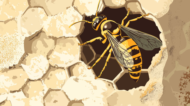A cartoon honeybee with transparent wings and eight legs exits a dark hole in a hexagonal honeycomb with a faint grid background