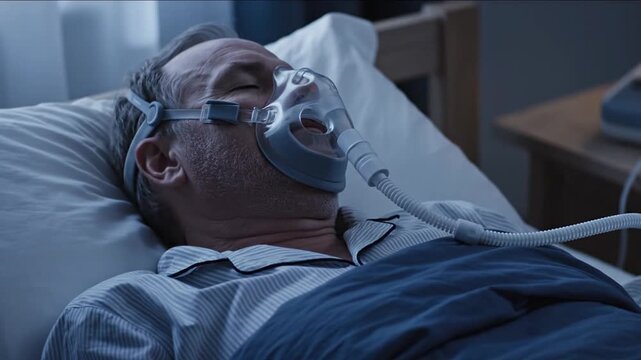 Senior man sleeping in bed wearing CPAP mask for sleep apnea treatment at night