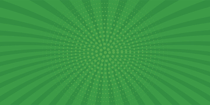 Green pop art comic background with a central sunburst ray pattern and a circular halftone dot effect, ideal for vibrant retro marketing banners and cartoon backdrops.
