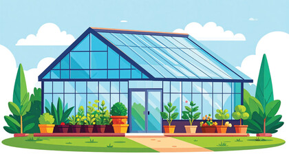 Naklejka premium Greenhouse with plants and trees outside.