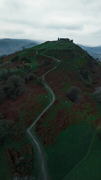 Aerial View of Castell Dinas Br&acirc;n Ruins Overlooking Llangollen Valley, Wales
