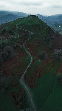 Castell Dinas Br&acirc;n Medieval Hilltop Ruins and Llangollen Town from Above, Wales