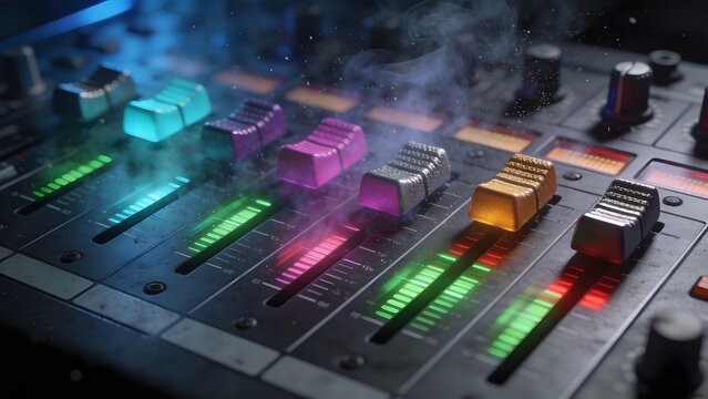 Audio Mixing Console with Illuminated Faders and Smoke