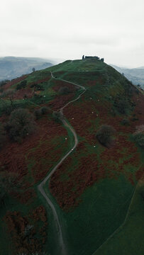 Castell Dinas Br&acirc;n Medieval Hilltop Ruins and Llangollen Town from Above, Wales