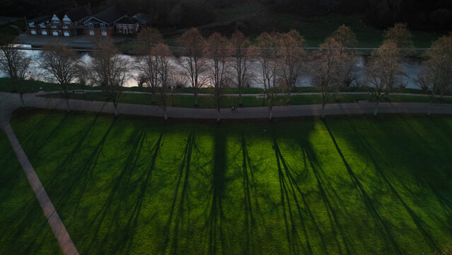 Golden Hour Aerial View of The Quarry Park Skyline, Shrewsbury
