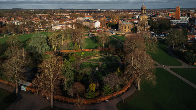 Golden Hour Aerial View of The Quarry Park with St Chad's Church Skyline, Shrewsbury, England, UK