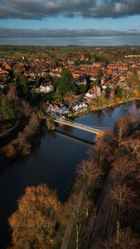 Victorian Suspension Footbridge and Tudor House on River Severn, Shrewsbury