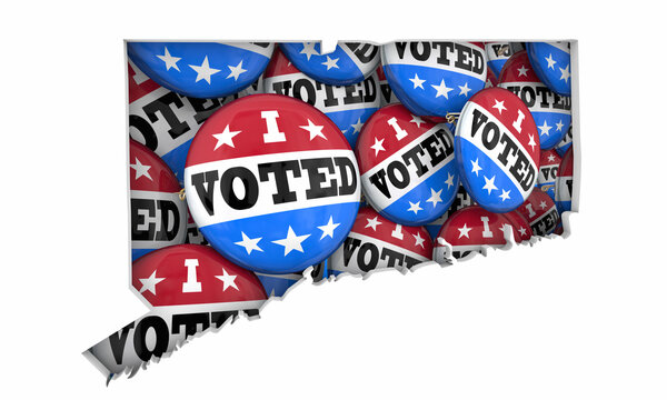 Connecticut CT State Map I Voted Pins Buttons Election Democracy 3d Illustration