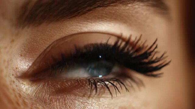 A stunning portrait shot focusing on the eye and eyelash area of a woman. The captures her long, dark lashes and sparkling eye, creating an intense gaze.