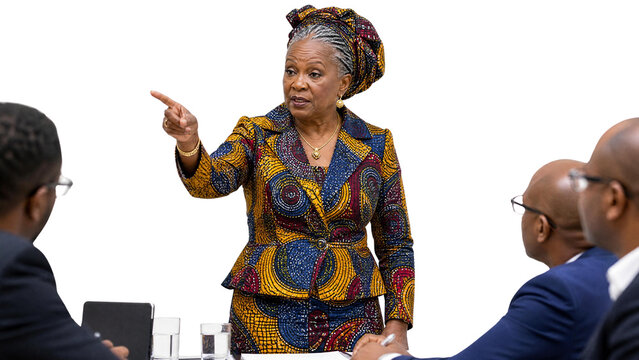 Mature African Businesswoman Leading Team Meeting Pointing Finger Assertively Isolated