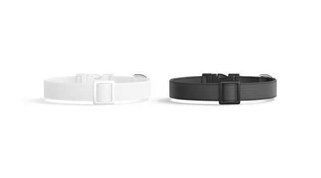 Blank black and white dog collar with plastic buckle mockup png, transparent background, 3d rendering. Empty strap with safety clasp for puppy mock up cut out, front view. Clear lock doggy accessory.