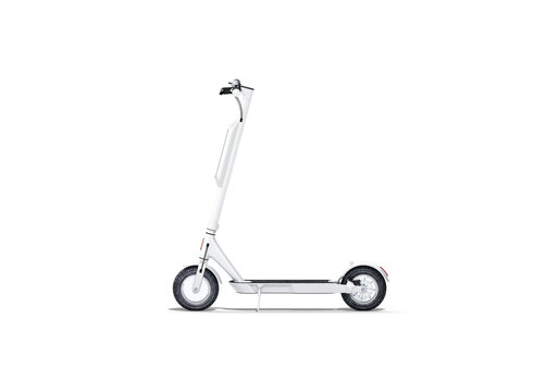 Blank white electric scooter with banner mockup png, transparent background, 3d rendering, Empty leisure device for route drive mock up cut out. Clear automatic skouter for hourly lease template.