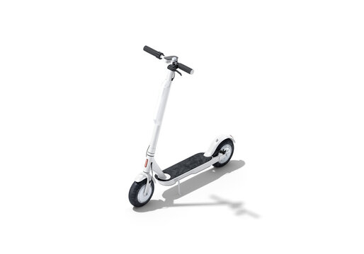 Blank white electric scooter with banner mock up png, transparent background, 3d rendering. Empty eco device for leisure mockup cut out. Clear mobility transport with signage for rent template.