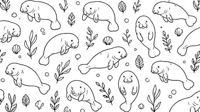Playful manatees and seaweed pattern illustration.