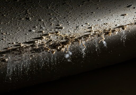 Massiver Schimmelpilzbefall an der Innenseite einer bewohnten Wand, dunkle Flecken und Sporen weisen auf ein ernstes Feuchtigkeitsproblem hin, Myzel, Wasser, Problem