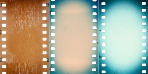 Collection of images with dusty and grungy 35mm film textures or surfaces. Perforated scratched camera film isolated on white background. © Taigi