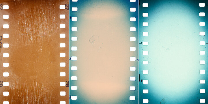 Collection of images with dusty and grungy 35mm film textures or surfaces. Perforated scratched camera film isolated on white background.