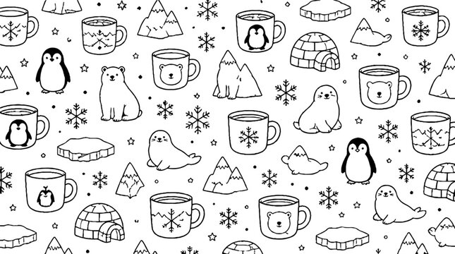 Winter Penguin and Igloo Pattern with Snowflakes and Mugs.