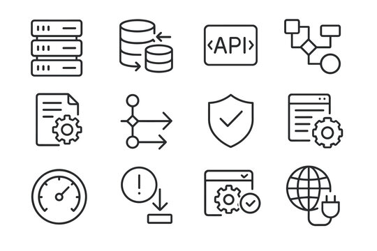 Backend Integration Icons. Backend system integration. Line outline icon set of Backend system integration: