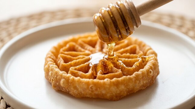 Pouring Syrup Onto Crispy Kokis Sweet, Macro Food Photography, Traditional New Year Confectionery, Intricate Pastry Detail, White Ceramic Plate