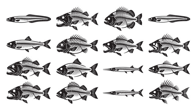 Fish Set with Black Line Art Illustrations Showing Different Species and Stylized Gill Details on White Background