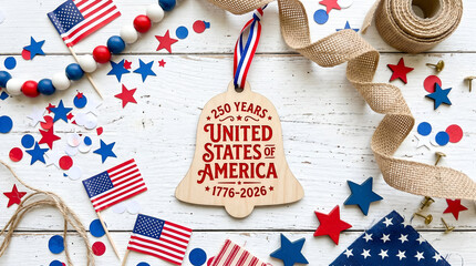 Fototapeta premium Wooden Commemorative Plaque With Stars And Stripes, Patriotic Still Life