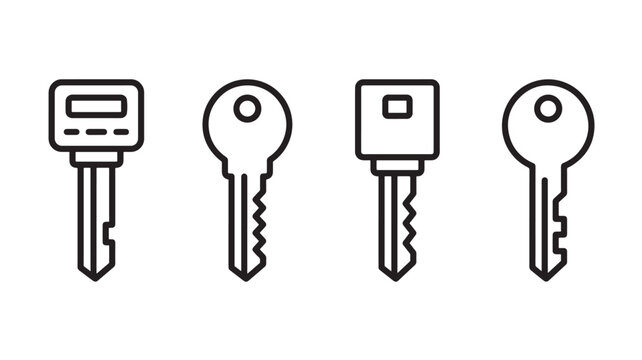Keys Icon Set with Simple Outline Design, Including Key Card, Circular Head, and Square Profile on White Background