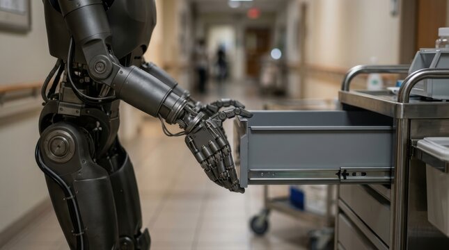 Humanoid robot opening a drawer on a medical cart in a hospital hallway