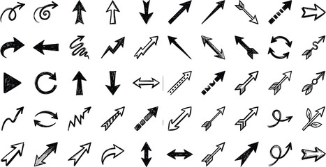 Hand drawn black line pointer arrow icon set featuring minimalist sketchy design curves loops and direction sign graphic elements © Afroja