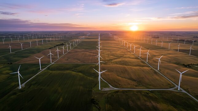 Wind farm turbines at sunset over vast green and gold fields