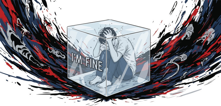 Mental Health Man Trapped in Cube with I Am Fine Message