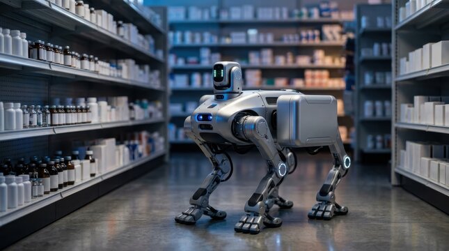 Autonomous quadruped robot assistant in a modern pharmacy aisle