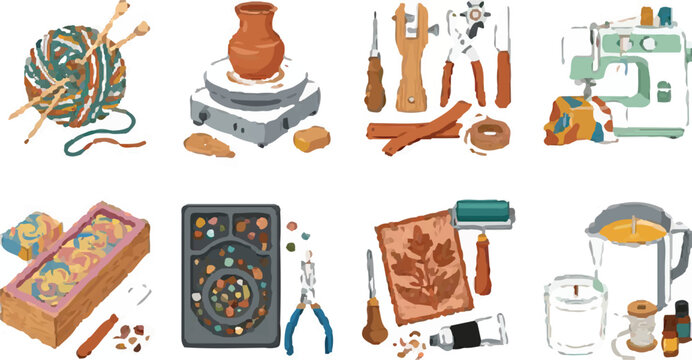 Hobbies and leisure activities with various crafting tools and materials