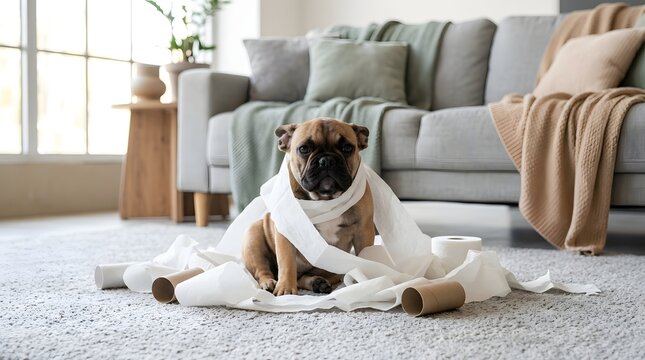 Mischievous Puppy Wrapped in Toilet Paper Sitting on a Living Room Rug
