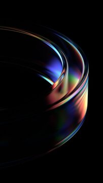 Abstract minimalist glass shape on a black background with color refraction effect, vertical 3d render