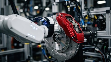 Fototapeta premium Automated robotic arm installing a highperformance red brake caliper