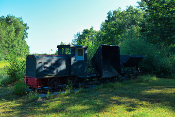 An old, rusted industrial Diema locomotive with empty mine carts abandoned on narrow-gauge tracks in a lush, grassy woodland setting. © Rogier van Bunnik