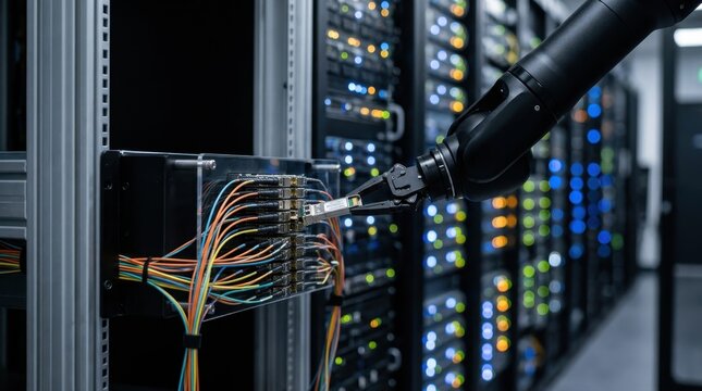 Robotic arm inserting a fiber optic transceiver into a server rack