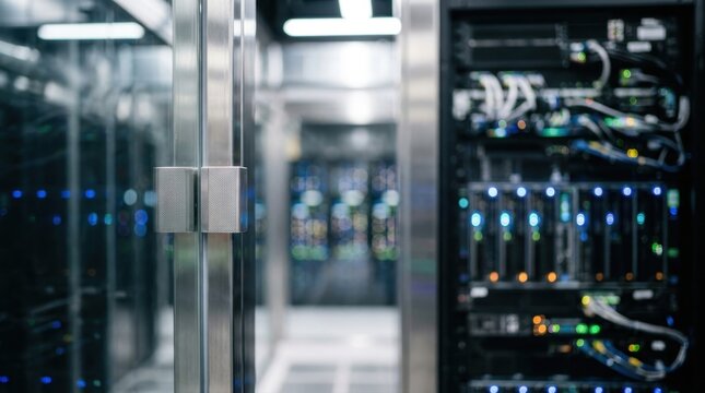 Modern data center server room with rows of server racks and blinking lights