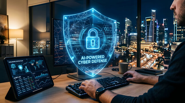 Digital Fortress AI-Powered Cyber Defense Shielding Data and Networks in a Dynamic Urban Landscape, Highlighting Advanced Technology for Online Security