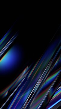 Abstract iridescent glass lines on a black background, vertical 3d render