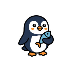 Fototapeta premium Cute cartoon penguin holding a small fish in its flipper.