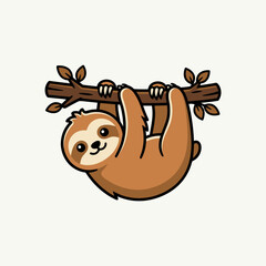 Obraz premium Cute cartoon sloth hanging from a tree branch with leaves.