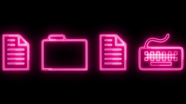 File computer animation populates pink neon office bubble icons. Connected file computer animation tracks file sheets. Corporate file computer animation reads database menu assets.