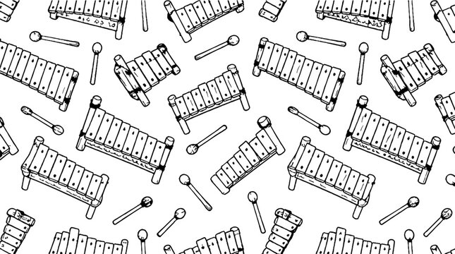 Assorted xylophone and mallet illustrations in black and white.