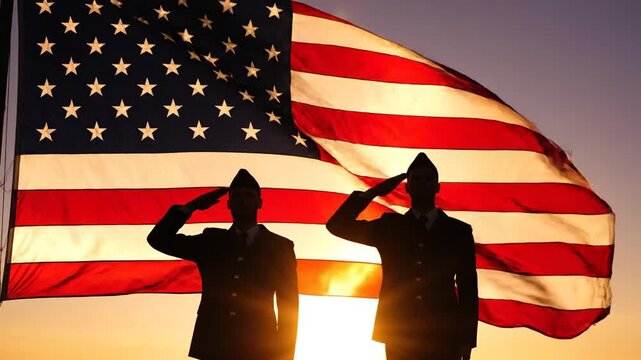 Silhouette of two military personnel saluting the American flag against a warm sunset sky.