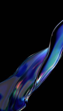 Abstract minimalist glass wavy line on a black background with color refraction effect, vertical 3d render